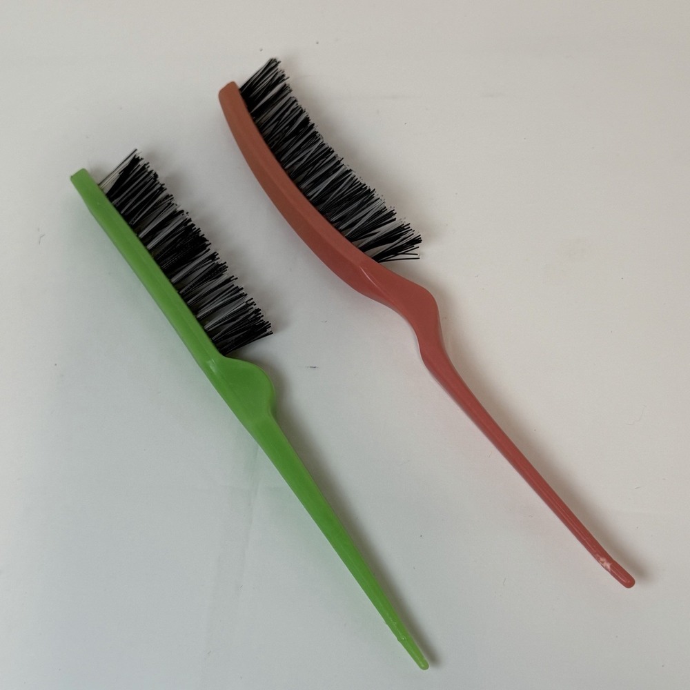 VTG 70s Tease Brush‎ Lot of 2 Nylon Bristle 9" Green Pink Hair Styling Hairbrush